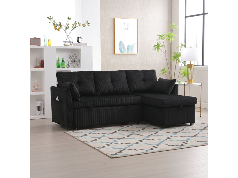 Canapé d'angle convertible 3 places, 206x108x66 cm, canapé-lit modulable avec méridienne réversible et coffres de rangement, velours côtelé noir - Conforama E