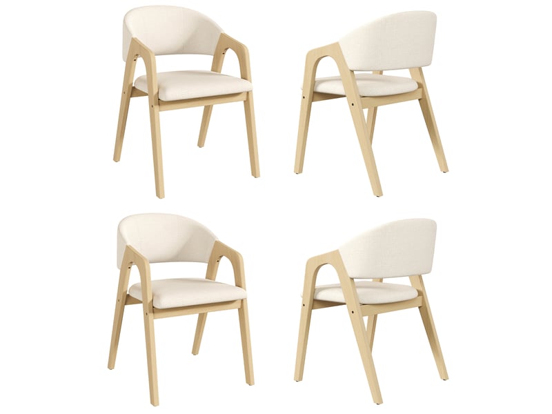  Lot de 4 chaises de salle à manger avec accoudoirs, bois et tissu en lin beige  - Conforama A