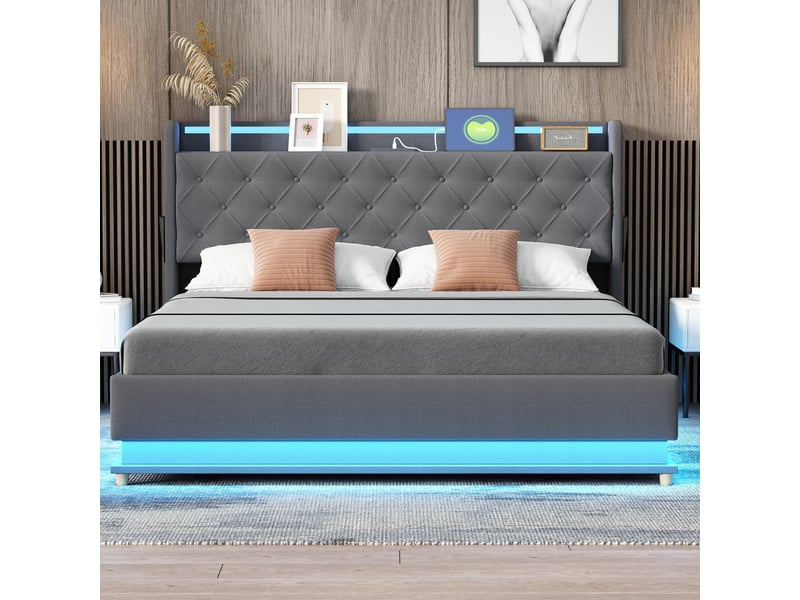  Lit capitonné led 160*200 cm gris, port usb et coffre hydraulique, tissu lin pour chambre  - Conforama C
