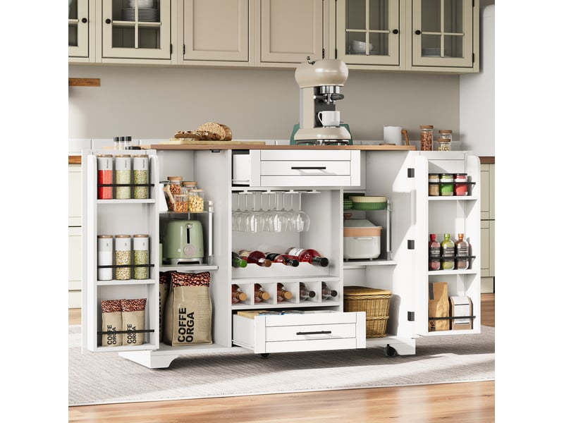  Desserte de cuisine 138x70x92 cm blanche et naturelle avec plateau rabattable  - Conforama B