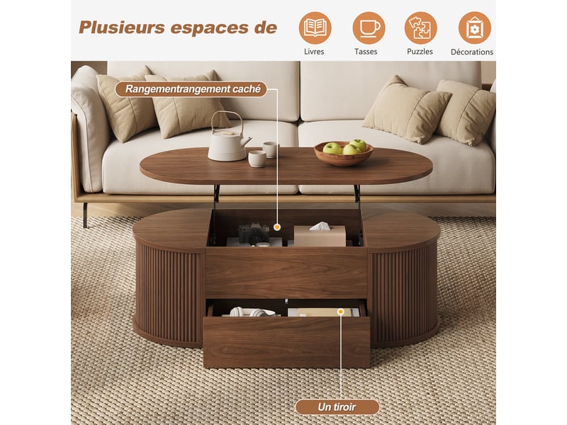 Table basse à bords arrondis 100 x 50 x 35 cm, plateau relevable, 1 tiroir à pression, coffre intégré, mdf et panneaux de particules, décor noyer Luxe haut de gamme - Conforama W