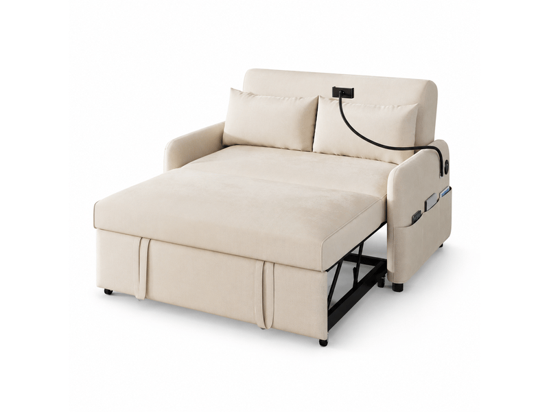 Canapé convertible 129 cm en chenille - 2 places - dossier 3 positions - usb - poches latérales - 2 coussins - beige - Conforama A