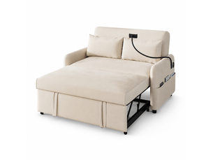 Canapé convertible 129 cm en chenille - 2 places - dossier 3 positions - usb - poches latérales - 2 coussins - beige