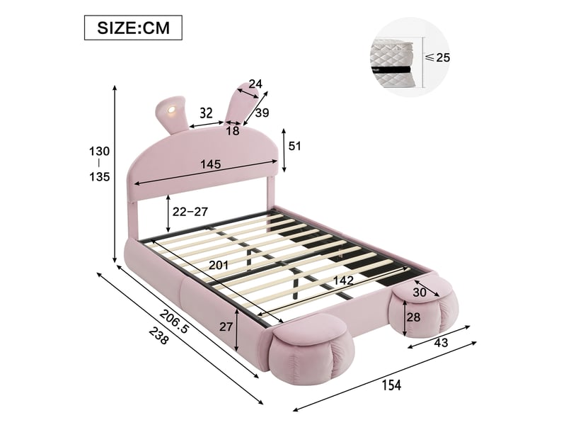  Lit coffre 140x200 cm hydraulique velours rose oreilles de lapin led veilleuse 2 poufs et sommier  - Conforama E