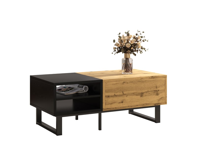  Table basse bois et noir avec 3 niches et tiroir, table de salon avec tiroir style industriel, 100x50x40 cm  - Conforama C