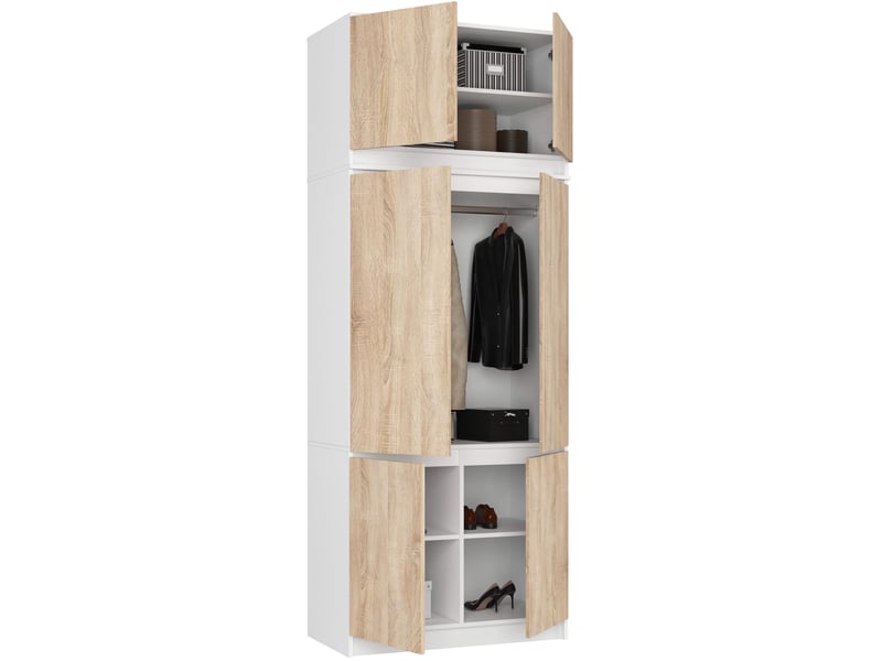 Armoire avec surmeuble s90 blanche 90 cm 6 portes façade chêne sonoma 6 étagères 90x51x235 cm - Conforama B