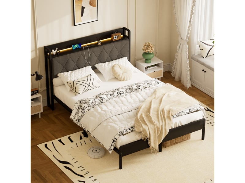  Lit double 140x190 avec tête de lit capitonnée led et station de charge usb - cadre métal noir gris  - Conforama W