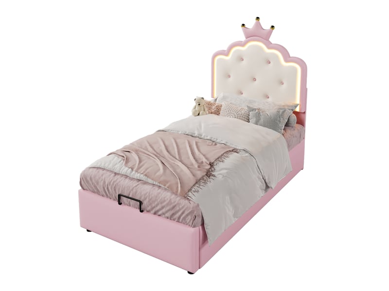  Lit coffre 90x200 cm en pu avec rangement hydraulique, éclairage led - rose  - Conforama A