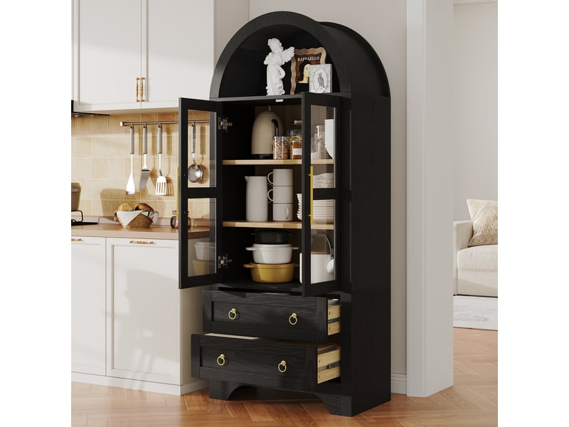  Buffet haut noir, étagères réglables, tiroirs, verre transparent, grand rangement, pour salle à manger, salon et cuisine  - Conforama C