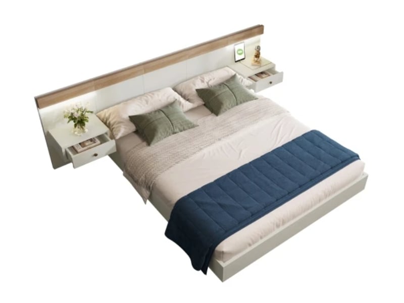  Lit double 160×200, 2 chevets led + usb-c, bois, chêneblanc, sans matelas  - Conforama A