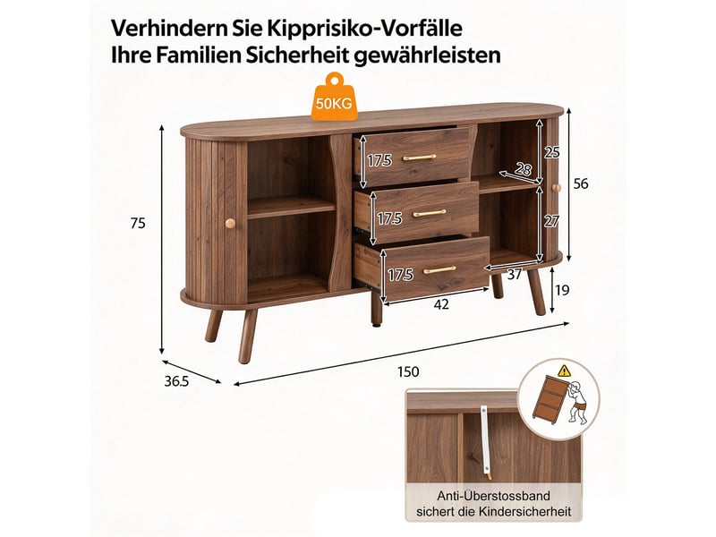  Buffet bas 150x36,5x75cm, 2 portes coulissantes, 3 tiroirs, étagères réglables, pieds en bois massif, finition noyer style scandinave, salon  - Conforama D