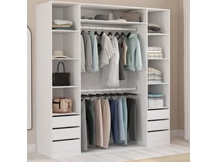 Dressing double taylor 185 x 55 x 200 cm avec étagères + double penderie + tiroirs blanc