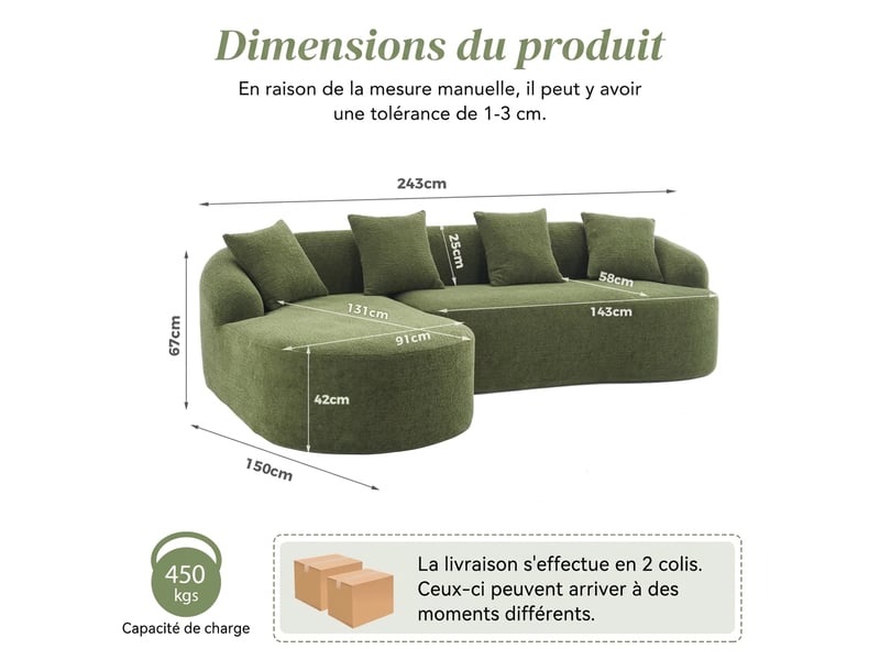  Canapé d'angle modulable avec méridienne gauche canapé en l chenille sans montage design courbé  - Conforama C
