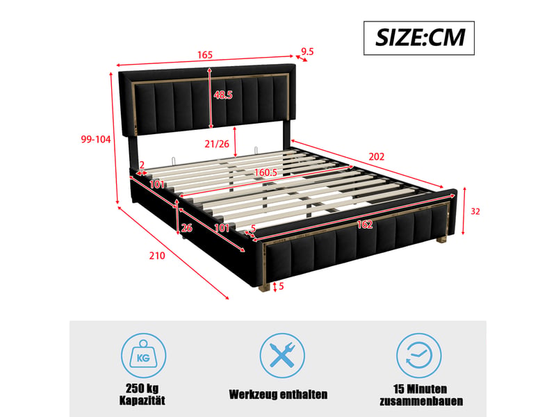  Lit double coffre - 160 x 200 cm - noir - velours, design vertical avec détails dorés, vérins hydrauliques  - Conforama D