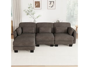 Canapé d'angle modulable - 3 places - forme l - 1 ottoman - coussins d'accoudoirs - assise profonde - tissu chenille - brun