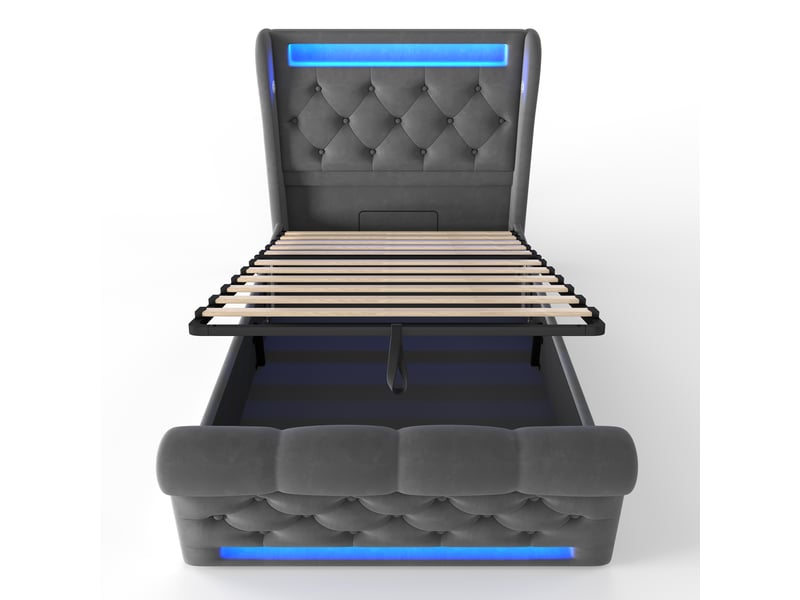 Lit simple 90x200 cm gris velours, coffre hydraulique, tête de lit avec led et usb-c - Conforama A