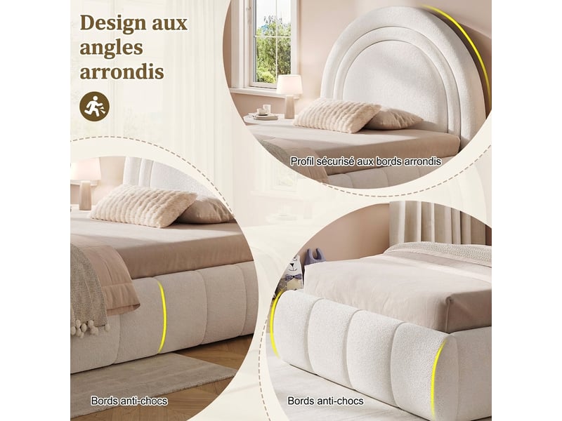  Lit enfant 90x200 lit coffre avec rangement tissu bouclette beige  - Conforama R