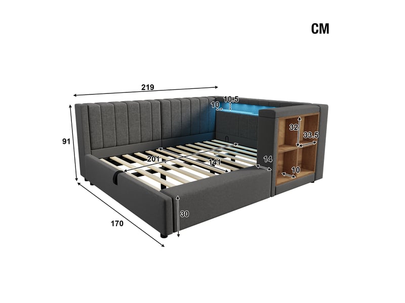  Lit banquette coffre 140x200 cm, banquette-lit, ouverture hydraulique, éclairage led, ports usb et type-c, sommier à lattes, lin gris CozyNest - Conforama C