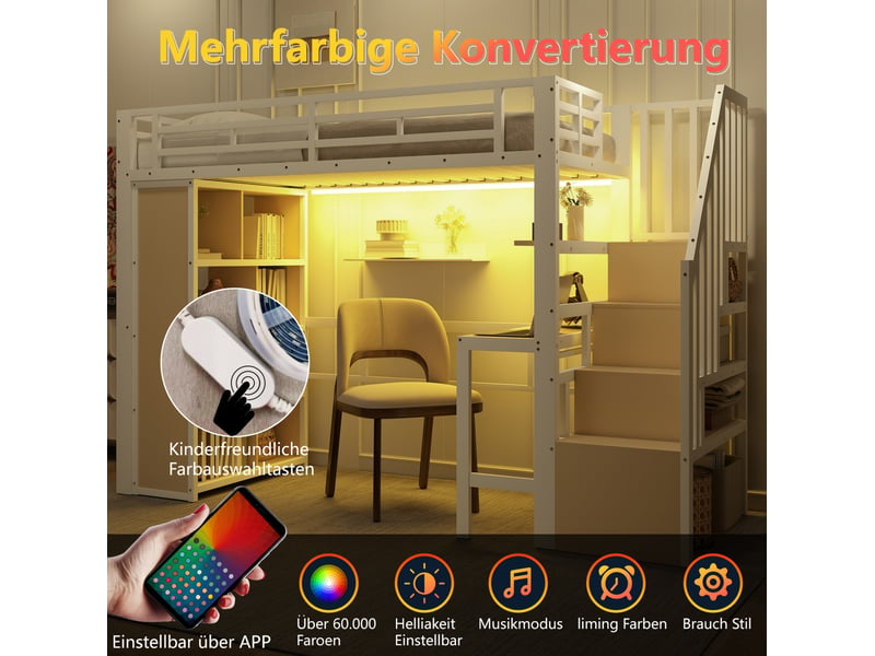  Lit mezzanine 90x200 cm avec bureau, rangements et led blanc  - Conforama E