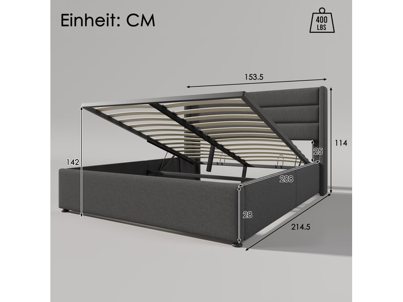  Lit coffre double hydraulique 140 x 200 cm gris en lin avec sommier à lattes  - Conforama E