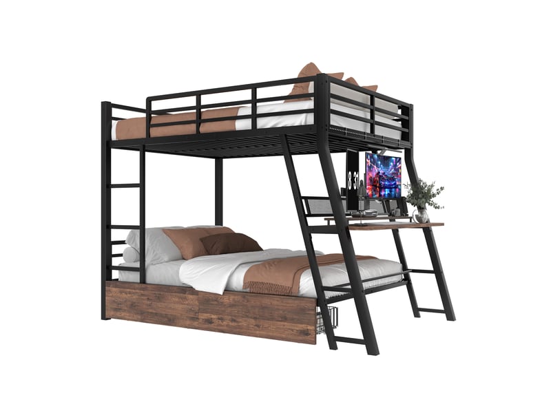 Lit mezzanine 2 couchages 140 x 200 cm avec bureau, tiroirs, led et échelles noir - Conforama A