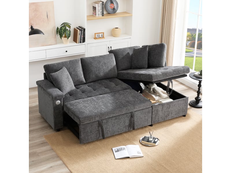  Canapé d'angle 3-4 places 209x130cm - canapé-lit gigogne rangement usb - tissu chenille - beige  - Conforama D