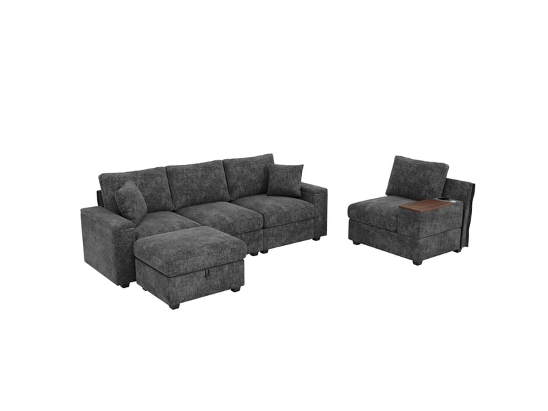  Canapé modulaire d'angle 313x147 cm – gris – ottoman, rangements et table pivotante usbtype-c  - Conforama D