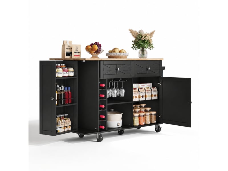  Îlot de cuisine avec plateau rabattable, 5 roulettes, rangements, 120 x 45-70 x 89 cm, noir  - Conforama A