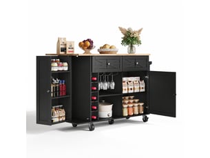Îlot de cuisine avec plateau rabattable, 5 roulettes, rangements, 120 x 45-70 x 89 cm, noir