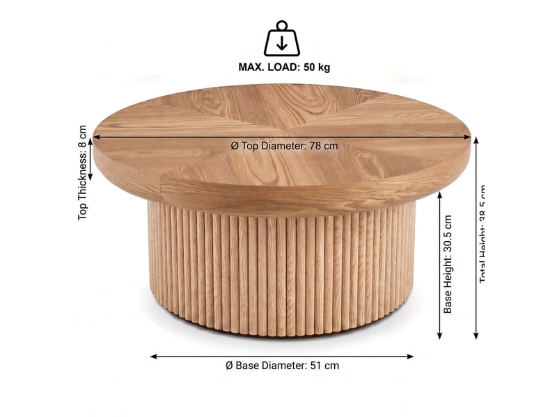  Table basse ronde ulevr à plateau parquet épais 8 cm, ø 78 x h 38,5 cm, base cylindrique cannelée, bois naturel  - Conforama C