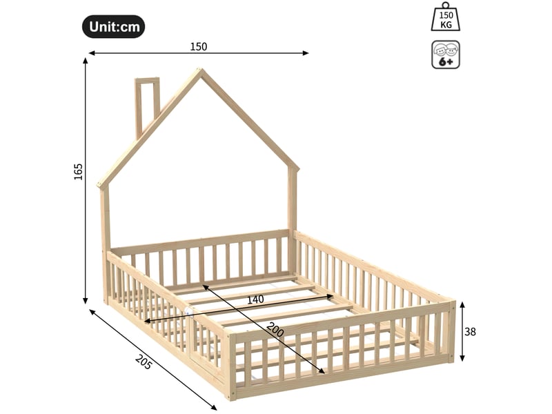  Lit enfant cabane 140 x 200 cm naturel en bois de pin et mdf avec sommier à lattes  - Conforama E