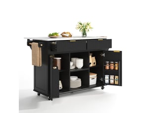 Desserte de cuisine mobile à roulettes avec 2 tiroirs, 2 portes, plan rabattable et porte-serviettes 143 × 45 × 89,5 cm