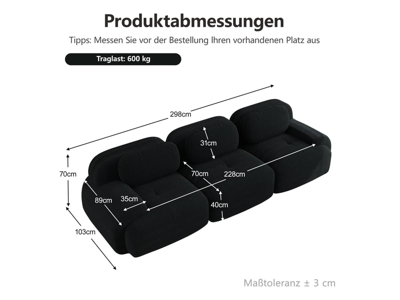  Canapé droit 3 places en velours côtelé noir, 298 cm, sans montage W3325S00014 - Conforama E