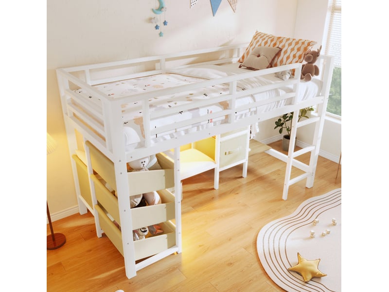 Lit mi-hauteur 90x200 cm avec led multicolore, rangements et assise, blanc - Conforama D