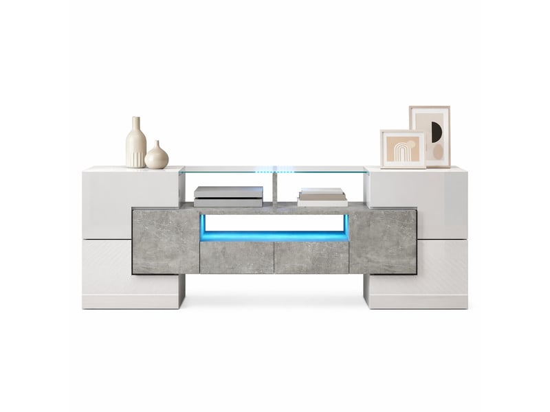  Meuble tv 145 cm blanc brillant effet béton, led, 6 portes et 2 tiroirs  - Conforama A