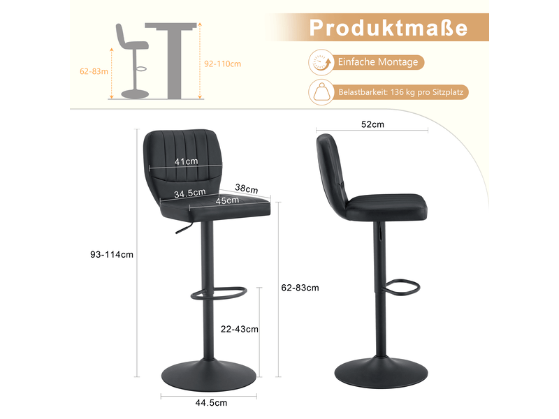  Lot de 2 tabourets de bar réglables,62-83 cm,avec dossier,similicuir,noir  - Conforama C