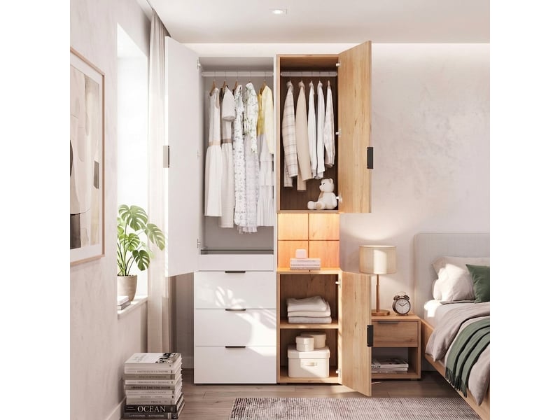 Vestiaire d'entrée avec miroir et led, armoire penderie 200 cm, 4 tiroirs, chêne anthracite - Conforama B