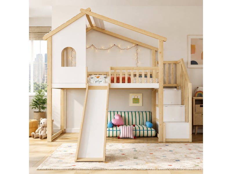 Lit mezzanine enfant 90 x 200 cm avec toboggan et escalier de rangement naturel + blanc  - Conforama D