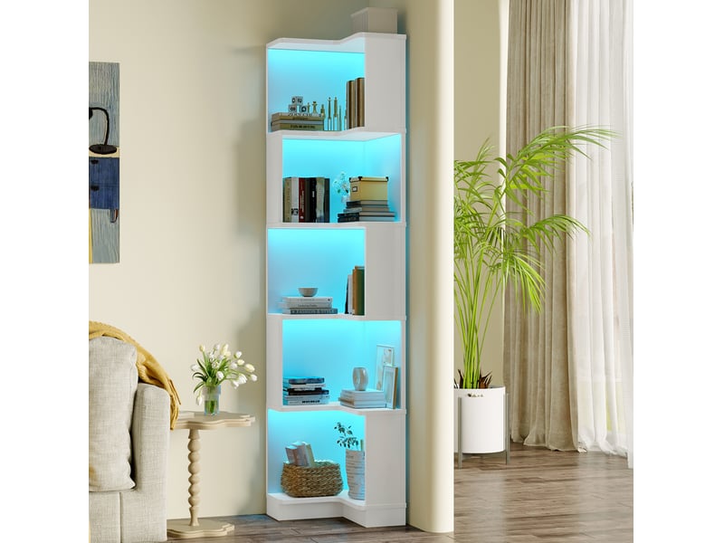  Bibliothèque d'angle 63,5x45x175 cm, 5 niveaux, meuble salon et bureau, led, rangement, structure stable, mdf, blanc  - Conforama D