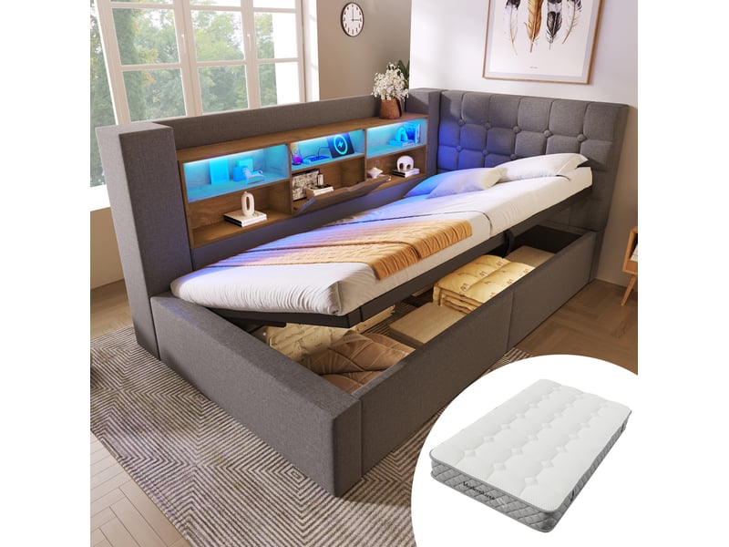  Modenvie lit coffre 90x200 cm - led, rangement hydraulique, usb et usb-c, matelas inclus - gris  - Conforama B