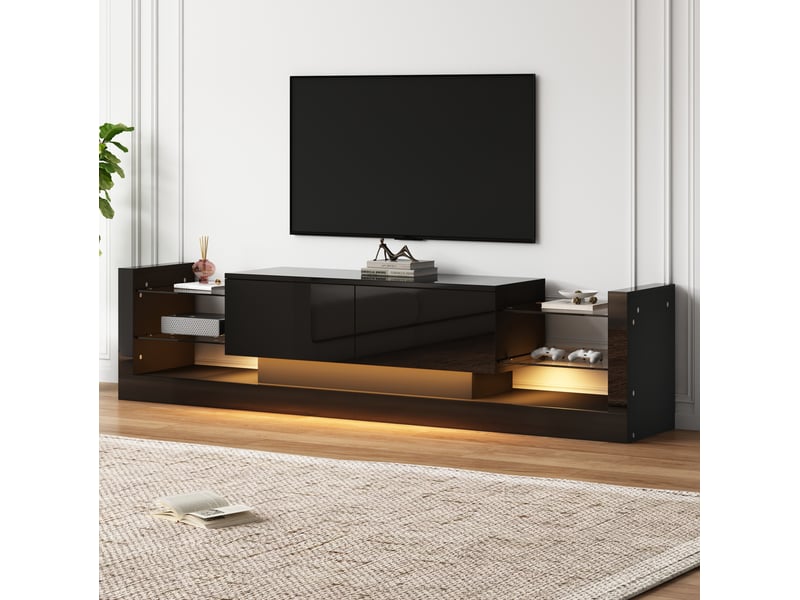  Banc tv modenvie 181 x 38 x 38 cm avec led, façade en verre et 2 tiroirs abattants noir  - Conforama B