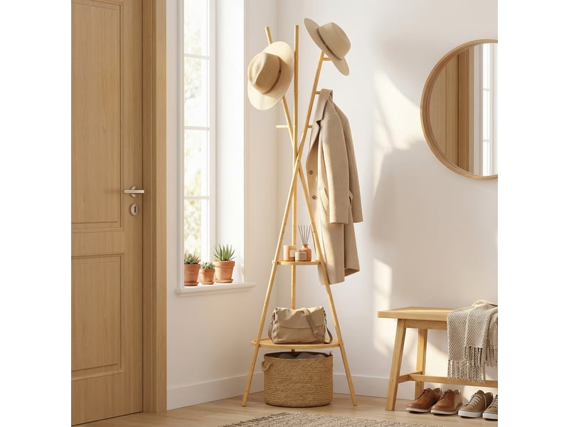  Porte-manteau sur pied avec 9 crochets et 2 étagères pour l'entrée, finition naturelle  - Conforama D