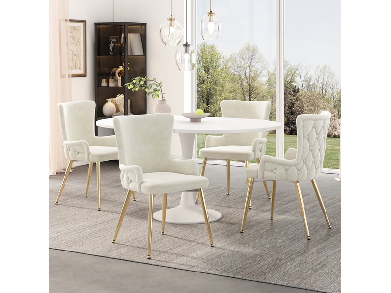  Lot de 6 chaises salle à manger, 4 pieds en métal, dossier élevé doté d'accoudoirs, beige  - Conforama E