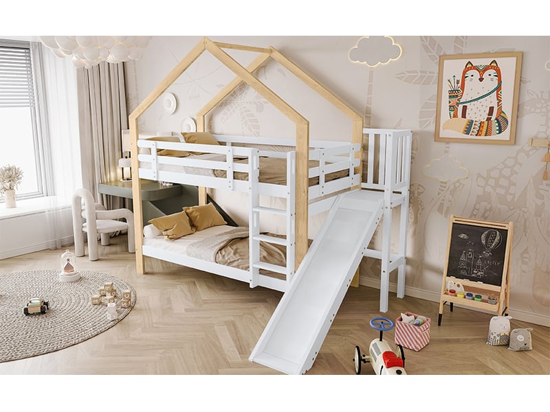  Lit superposé cabane avec toboggan - 2x90x200cm - toit ouvert et échelle à 3 marches - avec sommiers à lattes - blanc et naturel  - Conforama B