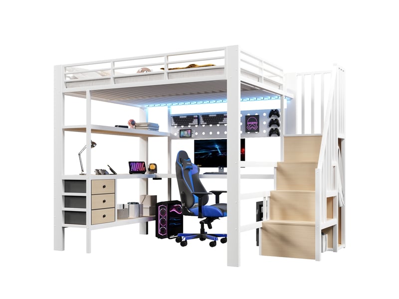  Lit mezzanine 140x200 cm avec bureau, rangements et led blanc  - Conforama A