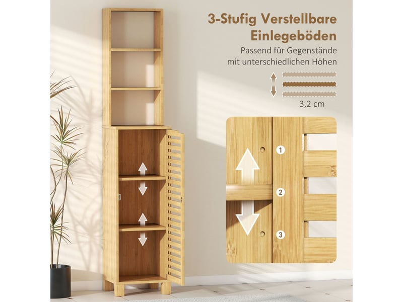  Meuble de salle de bain étroit en bambou avec 3 étagères ouvertes réglables et porte à lattes, 34 x 30 x 170 cm  - Conforama E