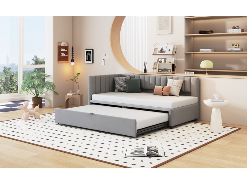Canapé-lit gigogne 90 x 200 cm extensible à 180 x 200 cm - velours gris, dossier en l - Conforama R