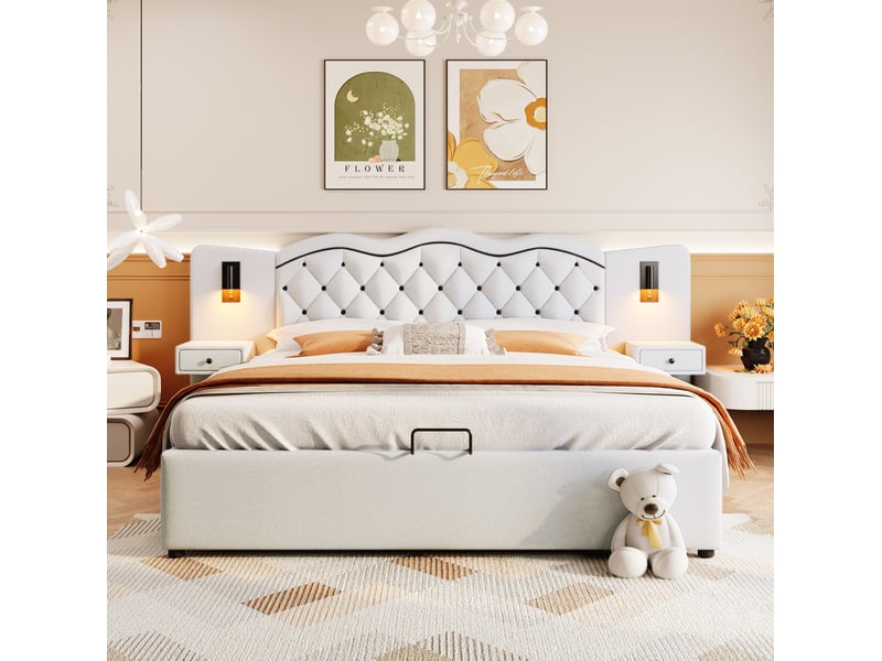  Lit coffre 2 places180x200 cm avec tête de lit, éclairage et usb beige  - Conforama E