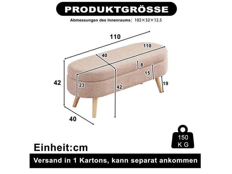  Banc de lit coffre 110x40x42 cm, rangement, banc d'entrée et bout de lit, chambre salon couloir, velours doux, rose  - Conforama C
