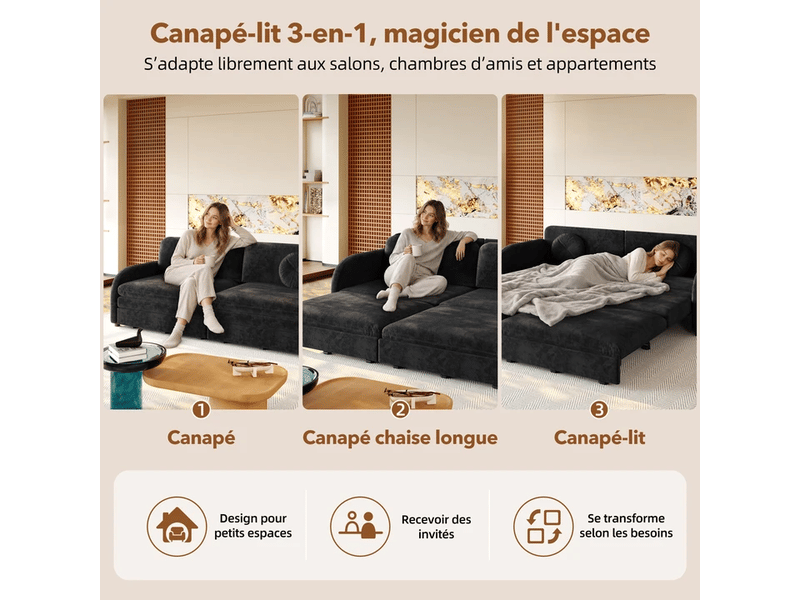  Canapé convertible 3 places noir en chenille avec couchage 190 x 200 cm Fay Lum - Conforama R